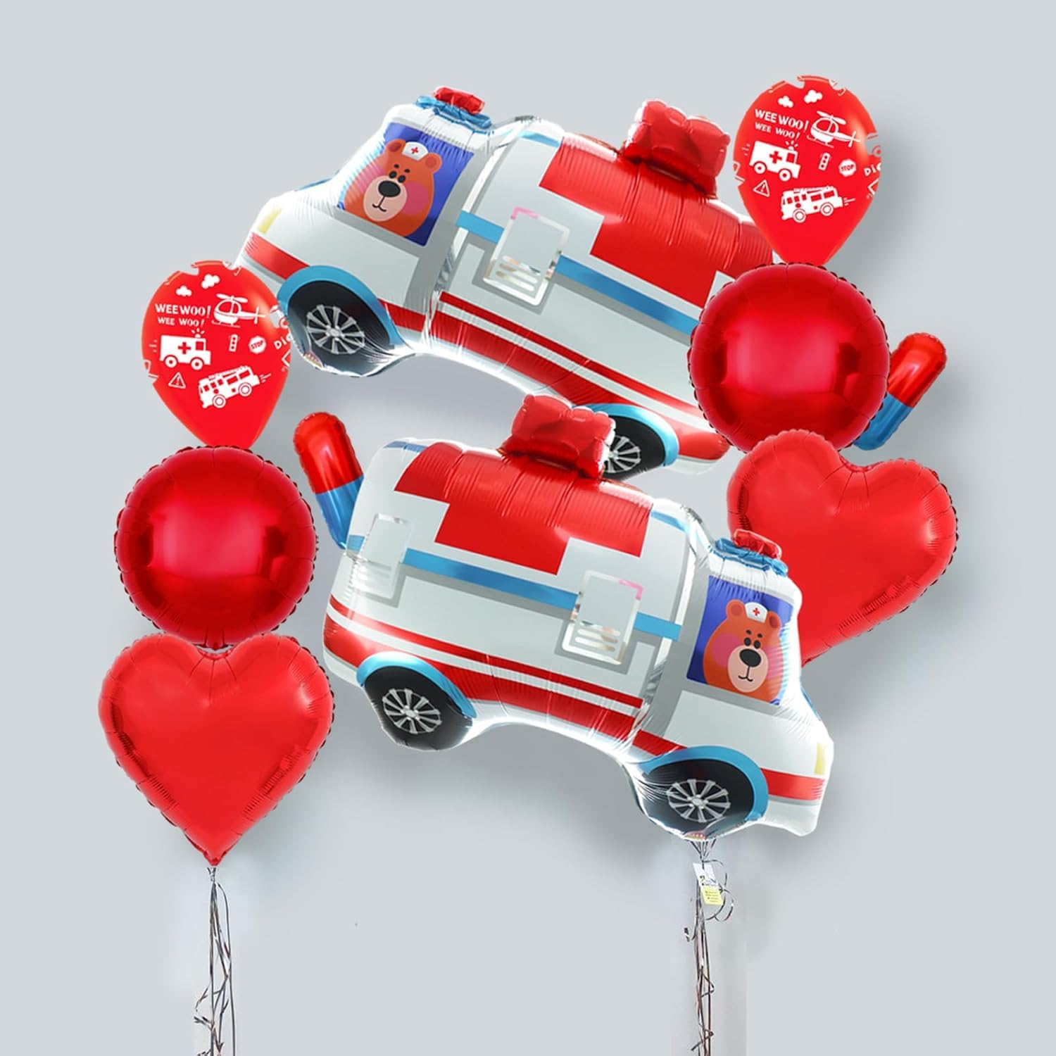 Photo 1 of 10PCS Ambulance Balloons Party Decorations - 29'' EMS Cartoon balloons, 18'' Heart Red Foil, 12'' Latex, Pill Balloons Double-Sided | Kids Birthday, Nurse, Hospital Party supplies