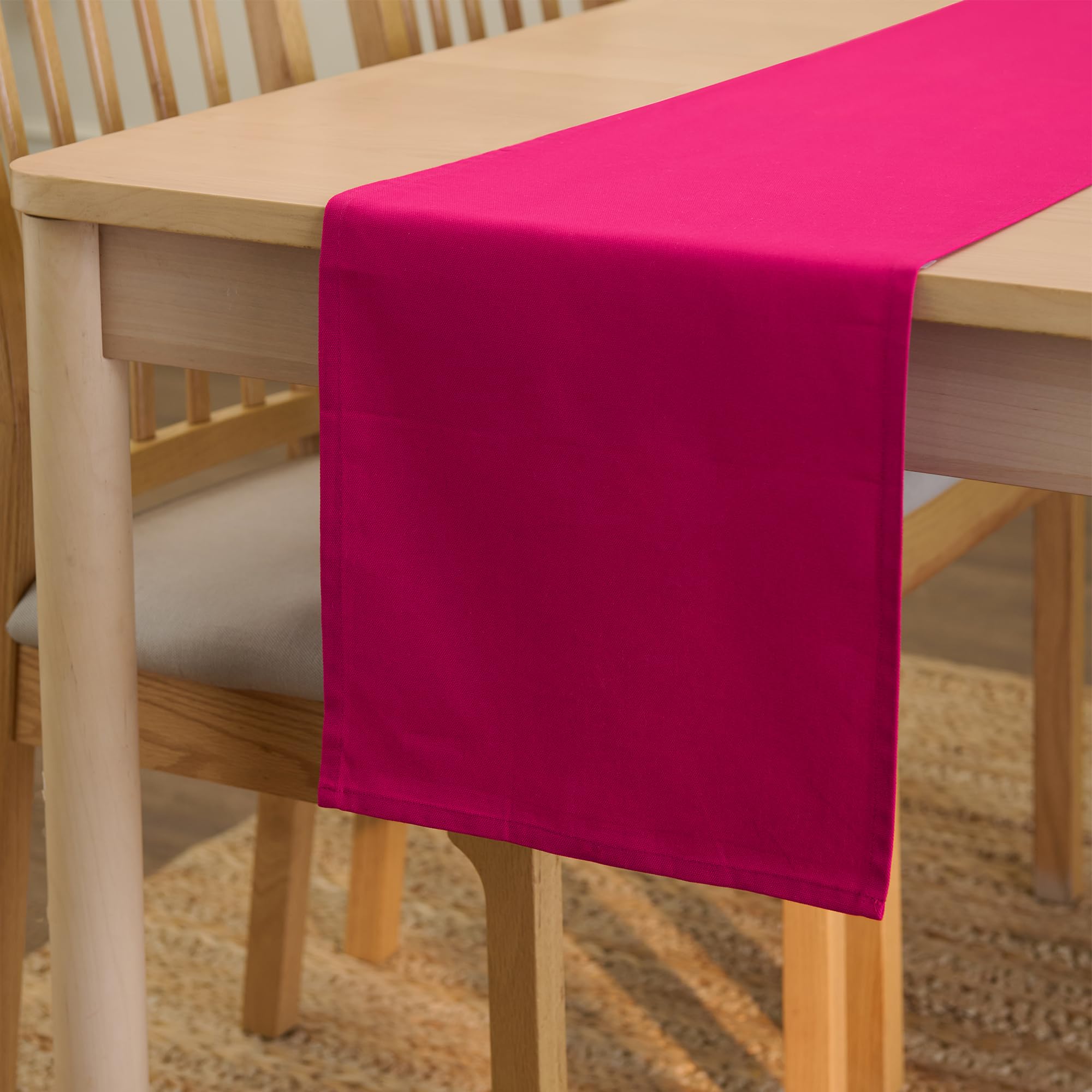 Encasa XO Table Runner 13x91 in Long | Cotton Canvas Fabric | Hot Pink Solid Color | Machine Washable & Durable