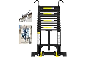 Wolec Telescoping Ladder,12.5ft Aluminum Portable Extension Ladder w/Hooks, Stabilizers& Wheels, Heavy Duty 330lbs Max Capacity, Collapsible Telescopic Ladder for Rv, Roof, Attic, Outdoor -Black