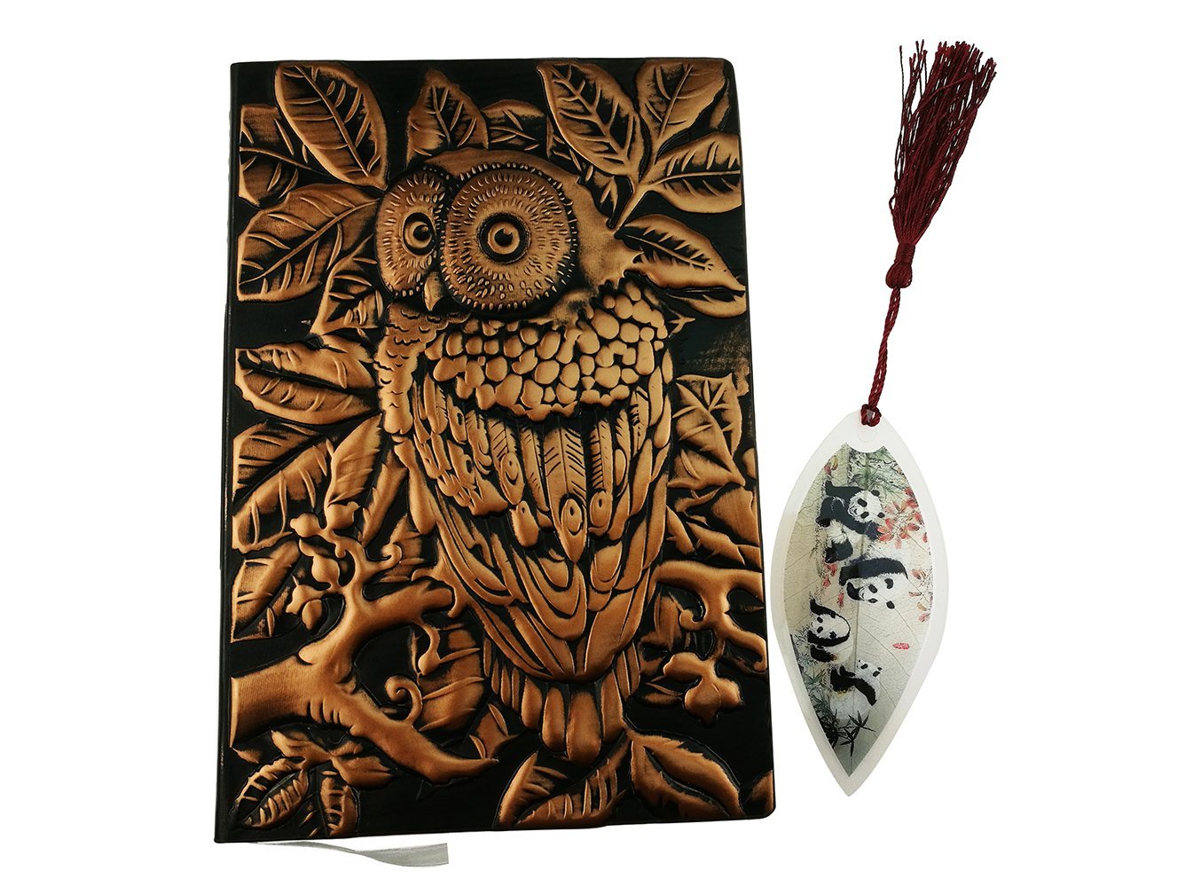 3D Cover Owl Embossed Leather Notebook Lay-Flat Binding Ruled Pages Hardcover Journal a5 Handmade Planner Lined Pages Writing Notebook with Panda Bear Bookmark (Red Copper)