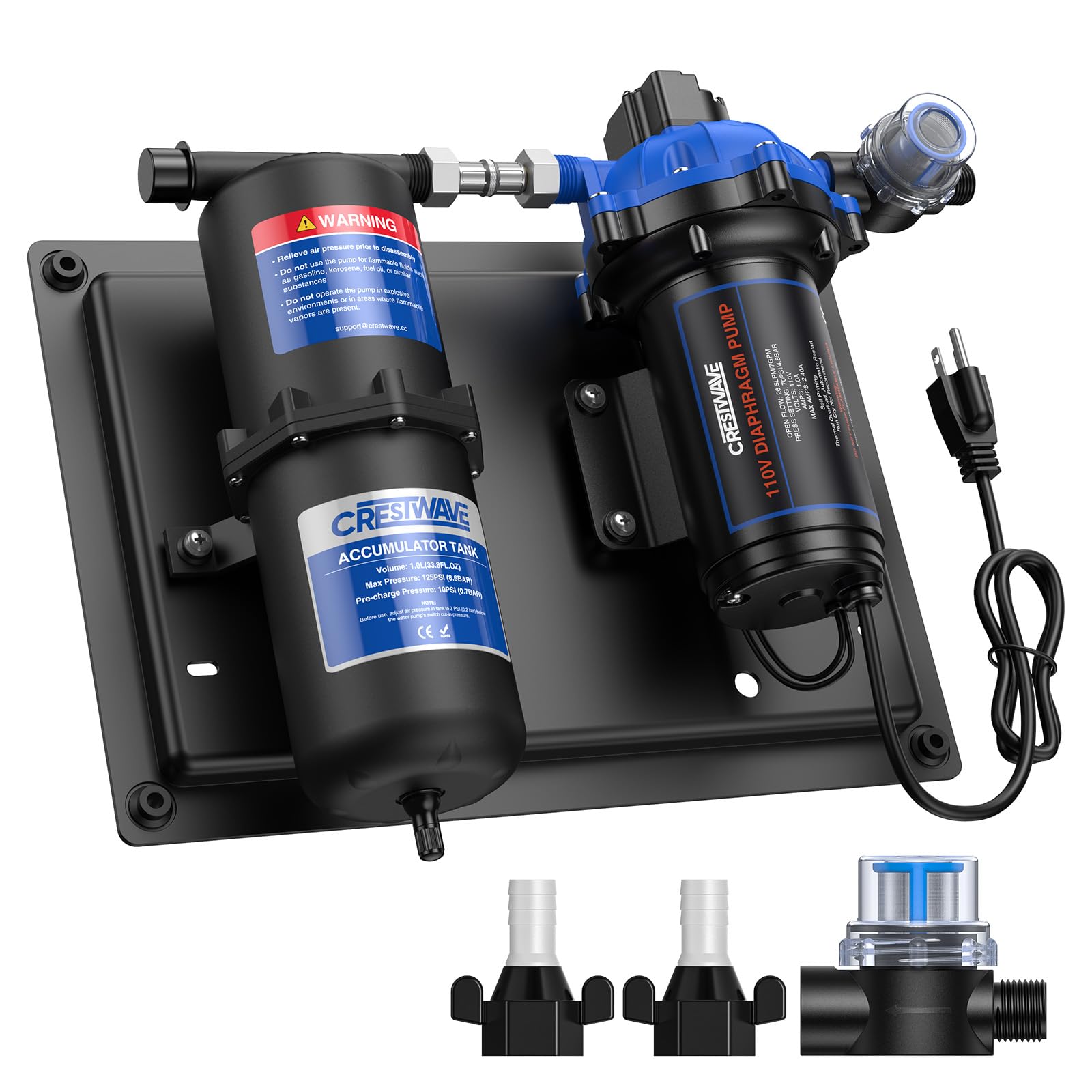 Photo 1 of (incomplete)(see images) CrestWave RV Water Pump 110V AC 7GPM 70PSI and 1L 125PSI Pre-Pressurized Accumulator Tank, Quiet Water Transfer Pump 