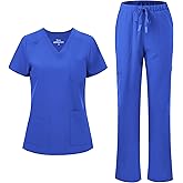 floralhue Scrubs for Women, V-Neck Scrubs Top & Cargo Pants with 12 Pockets, Yoga Waistband, 4 Way Stretch
