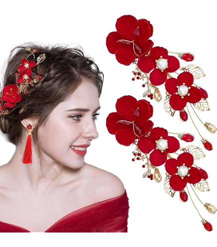 Amazon.com : 1pair Classical Hair Clips Floral Pompom Tassel  display picture 2