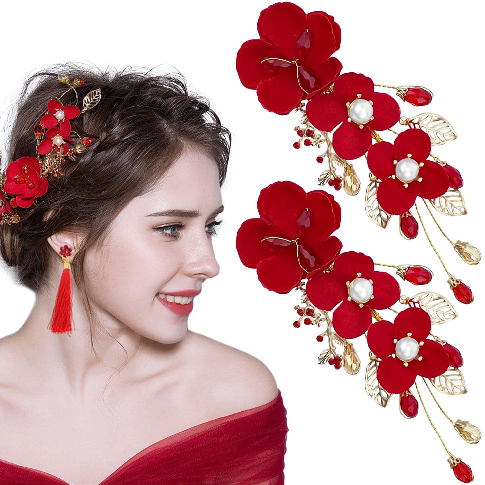 Photo 1 of 2 Pack Red Flower Hair Clips Rose Floral Bridal Hairpins Crystal Pearl Flower Bride Headpiece Red Wedding Accessories for Women Girls Halloween Chrismas Party Prom