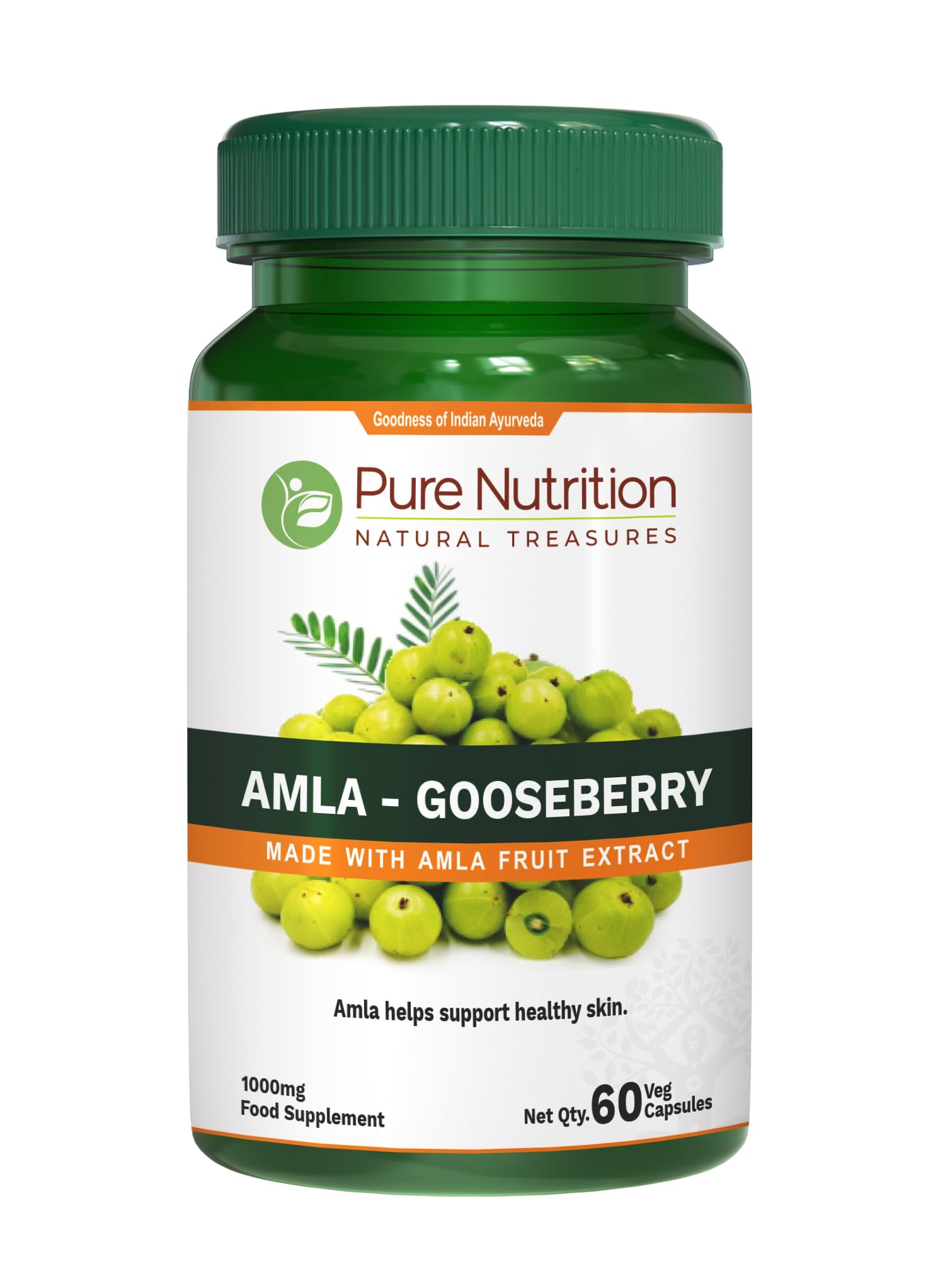 Pure Nutrition Amla Capsules (Indian Gooseberry) 1000 mg per Serving | 60 Veg Capsules | Amla Fruit Extract 500 mg + Powder 500 mg | Standardized Extract | Non-GMO Herbal Supplement