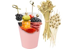 50pk Baby Pink Charcuterie Cups with 200 Sticks (2 Types) - 14oz - Wide Enlarged Top Cutout for Better Display - Paper Charcu