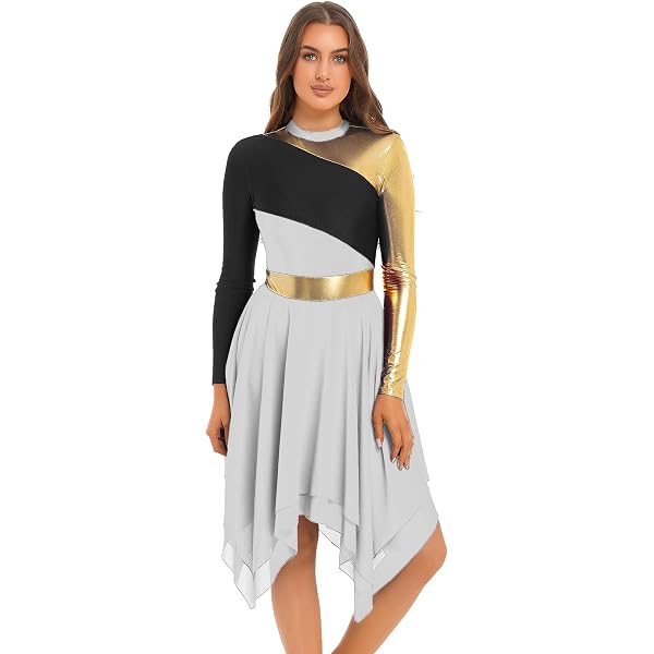 JEATHA Women's Asymmetrical Color Block Lyrical Dance Dress - Modern Performance Costume