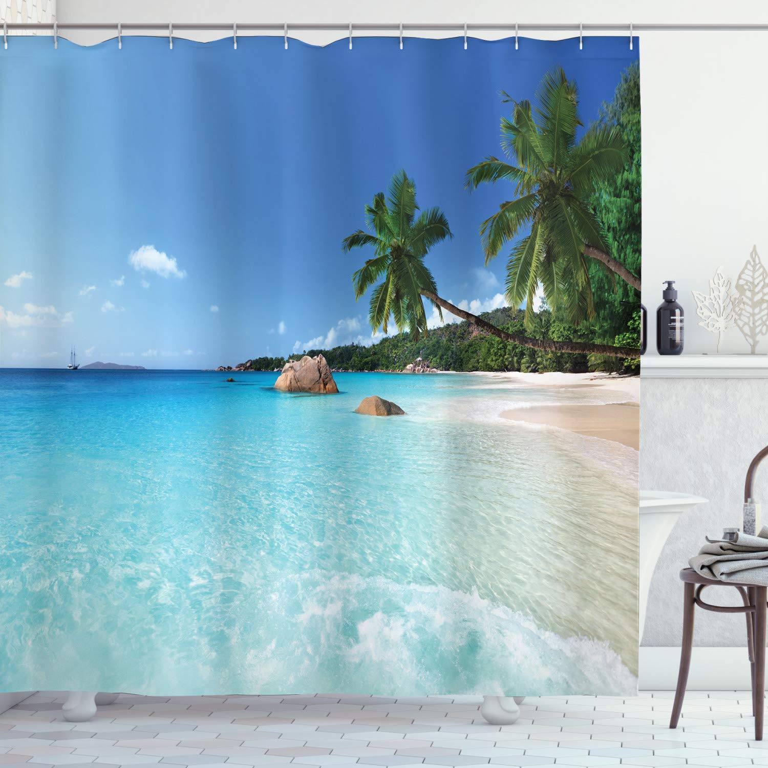 ABAKUHAUS Ocean Shower Curtain, Anse Lazio Beach at Praslin Island Surfing Beach Scenic View Travel, Cloth Fabric Bathroom Decor Set with Hooks, 94 Inches, Turquoise Blue Green — image 1