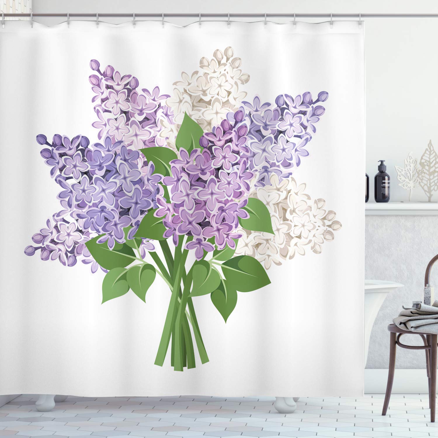 ABAKUHAUS Lilac Shower Curtain, Illustration of a Posy of Rural Meadow Blossoms Feng Shui Soulful Nature Theme, Cloth Fabric Bathroom Decor Set with Hooks, 78 Inches, Multicolor