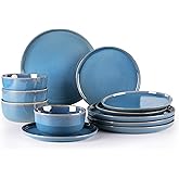 GBHOME Ceramic Dinnerware Sets for 4, 12 Pieces Stoneware Plates and Bowls Sets, Reactive Glaze Dishes -Scratch Resistant, Dishwasher&Microwave Safe-Alaskan Blue