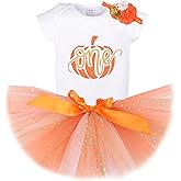 Purtulle Baby Girls Pumpkin 1st Birthday Romper, Tutu Skirt, Headband