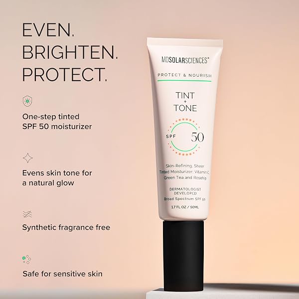 MDSOLARSCIENCES TINT + TONE SHEER TINTED MOISTURIZER SPF 50 | EVENS SKIN TONE, BRIGHTENS & HYDRATES | CERAMIDES, ANTIOXIDANTS & VITAMIN C | CLINICALLY PROVEN | SAFE FOR SENSITIVE SKIN (1.7 FL OZ)
