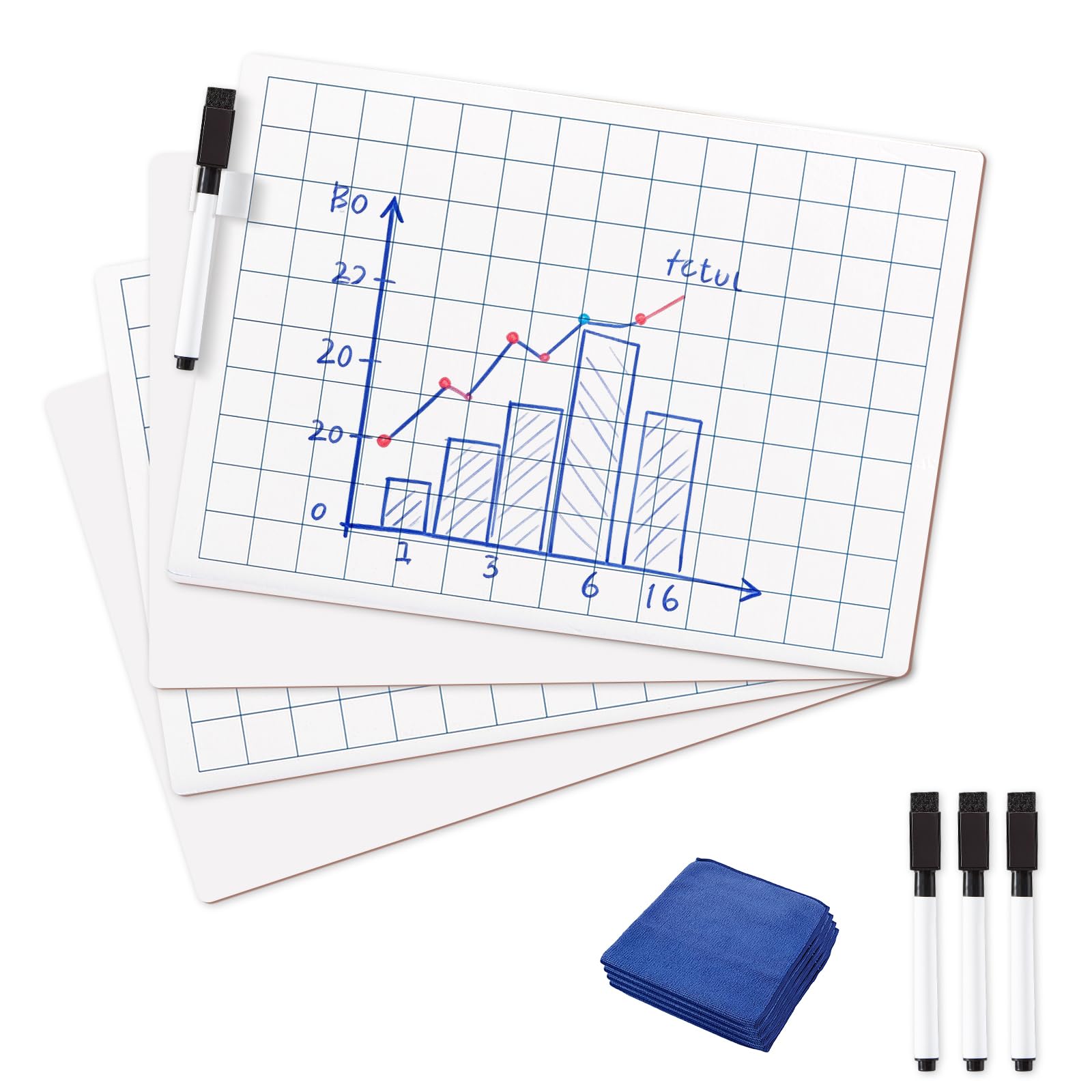 MAKELLO Double-Sided Small Whiteboard a4 Dry Erase Board, 4 Pack Mini White Board Set with 4 Pens, Plain and Grid