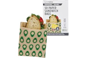 Lunchskins Compostable Sandwich Bags – 50 Count | Avocado Design | Eco-Friendly Food Storage Bags Made from Unbleached Kraft Paper with Recyclable Resealable Stickers