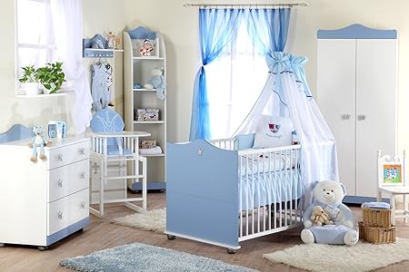 Babyzimmer Kinderzimmer komplett Möbel-Set Prinz Blau Weiß Kinderbett Babybett Wickelkommode Kleiderschrank (Blau, Babyzimmer