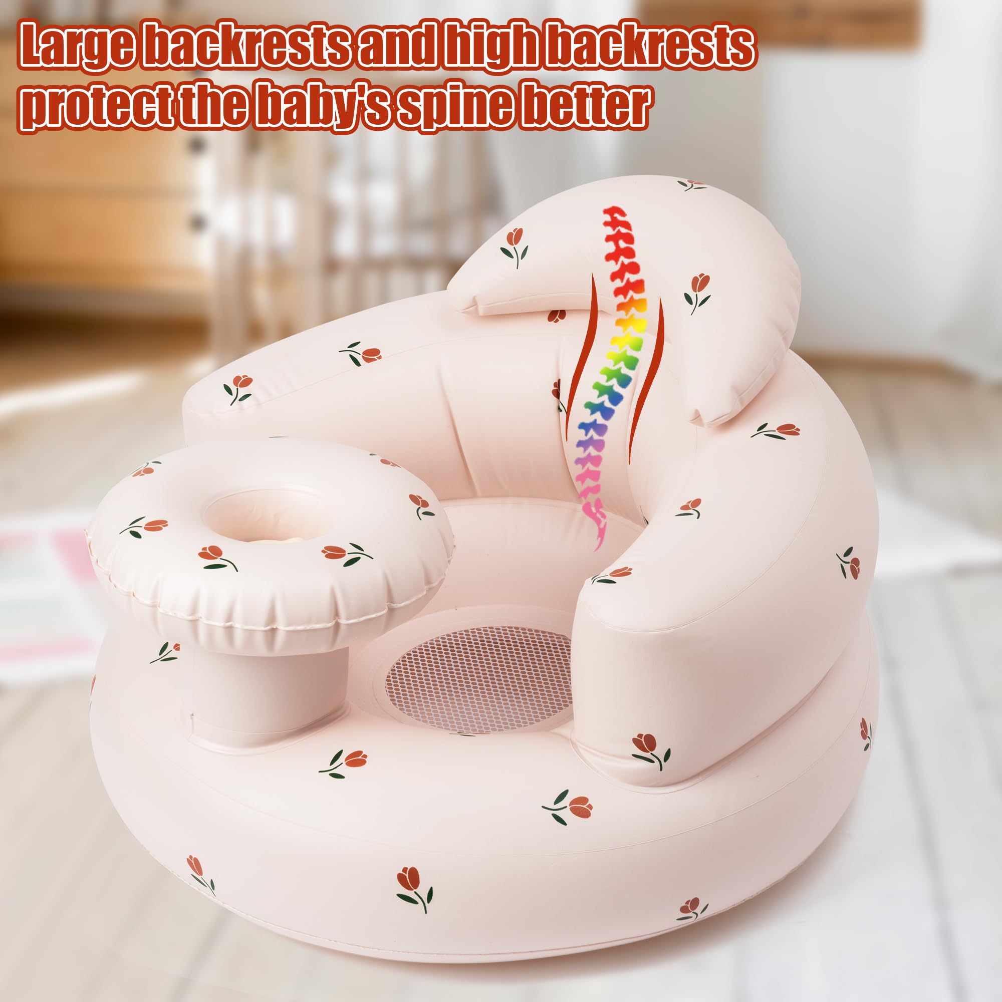 GerdfeiTawtab Inflatable Baby Seat, Flowers Portable Inflatable Infant Chair for Baby 3 Months and Up, Floor Seater Baby Support Seat with Built in Air Pump for Kids Learning to Sit Feeding