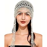 NAISKA 1920s Mesh Pearl Headpiece Cap Roaring 20s Beaded Headband Flapper Cap Long Tassel Head Chain Jewelry Women Wedding Costume Theme Party Gatsby Hair Accessories for Women and Girls