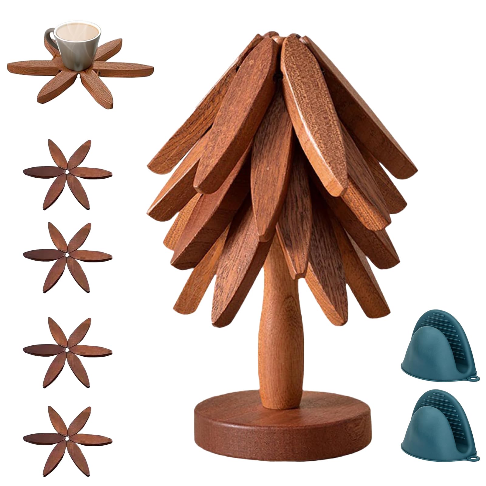 Photo 1 of Wooden Trivets for Hot Dishes-Tree Shape Trivet Set, 4 Walnut Wood + 1 Stand stored Like a Christmas Tree,Foldable Kitchen Wooden Trivet,for Hot Dishes Pot Bowl Teapot Hot Pot Holder(Walnut)