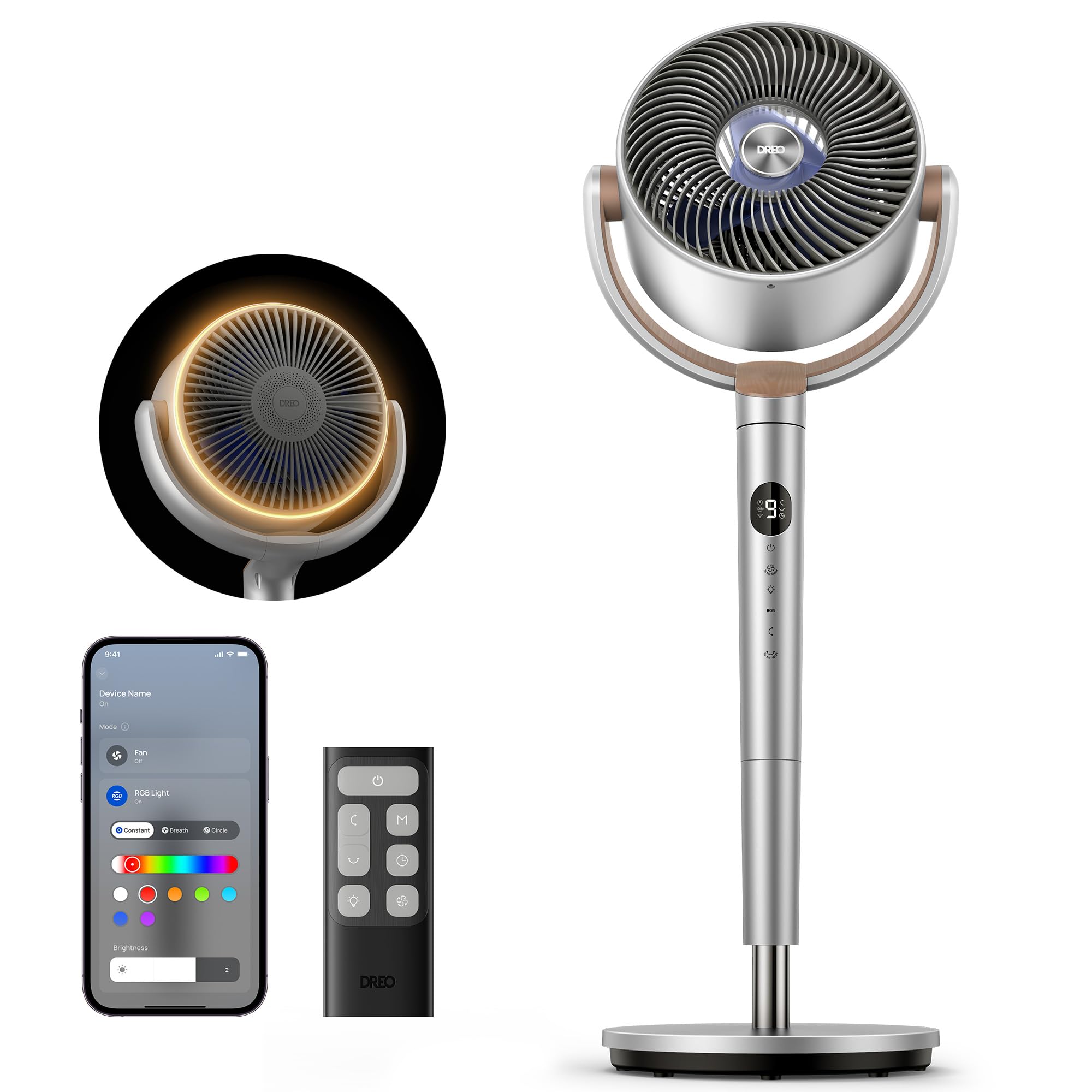 Dreo Smart Fans for Bedroom, 120° +120° Omni-Directional Oscillating Fan, 90ft Quiet Pedestal Fan with RGB Light, 9 Speeds, 6 Modes, 20dB, 8H Timer, Wi-Fi/Voice, 37-42" Floor Fans with Remote, Silver Image