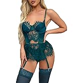 ssgrlvok Sexy Lingerie 3 Piece Set Women Lace Bodysuit with G-String and Stockings Push Up Bralette Sheer Mesh Cute Outfits