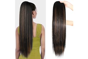 SEIKEA Ponytail Extensions Drawstring Long Straight Fake Pony Tail Natural Soft Clip in Hair Extension Synthetic Heat Resistant Hairpiece 28 Inch Ombre Black Roots Black Caramel Blonde Highlights