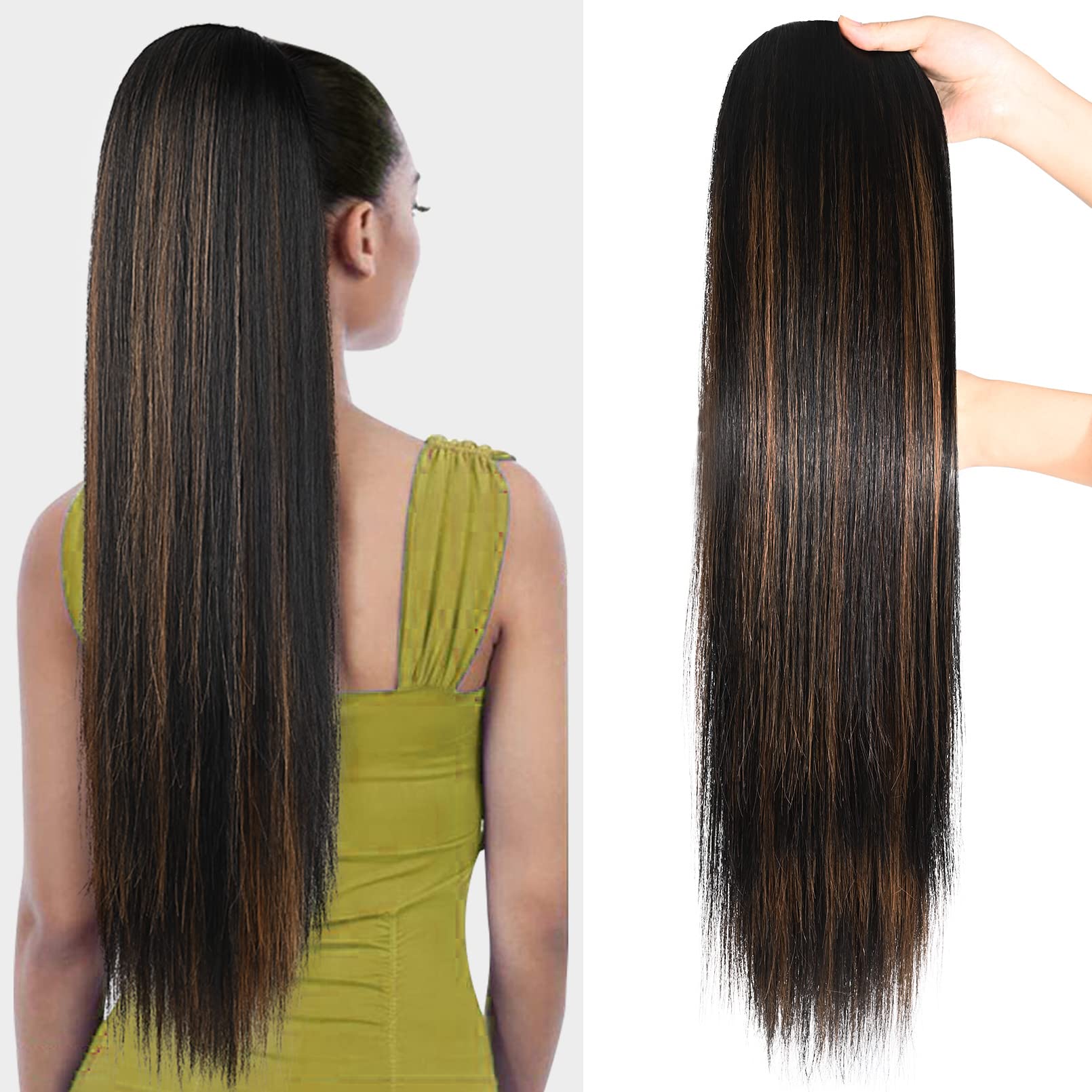 Photo 1 of SEIKEA Ponytail Extensions Drawstring Long Straight Fake Pony Tail Natural Soft Clip in Hair Extension Synthetic Heat Resistant Hairpiece 28 Inch Ombre Black Roots Black Caramel Blonde Highlights