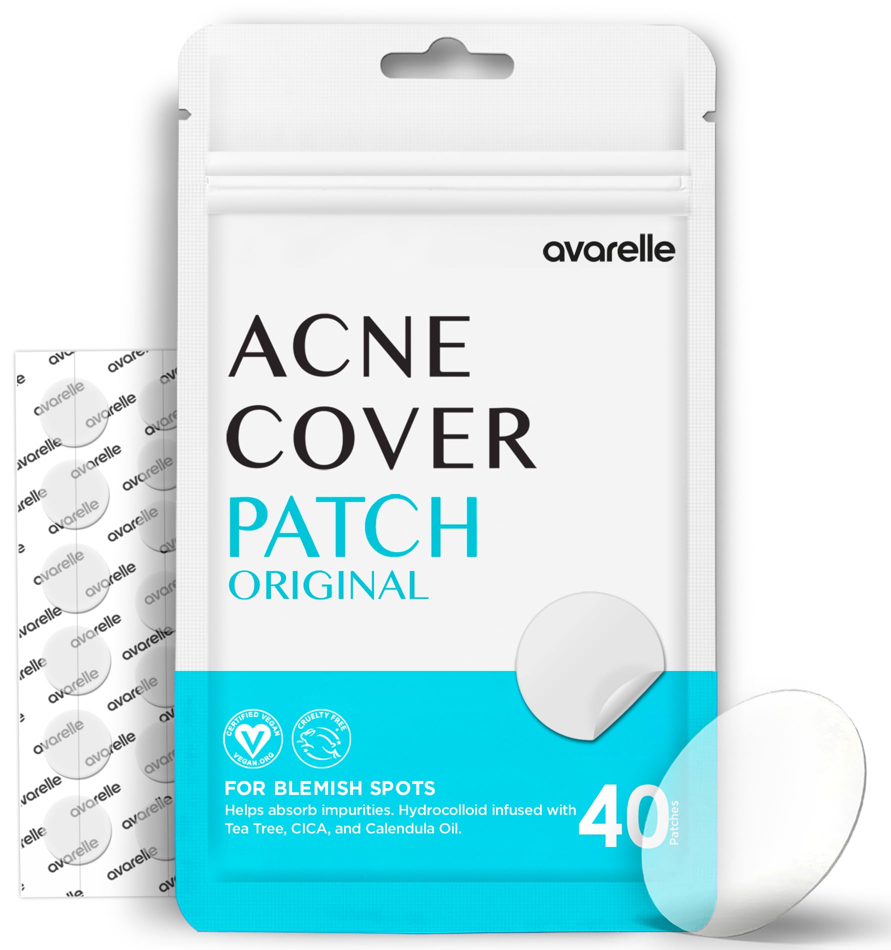 Avarelle Acne Pimple Patches (40 Count) Absorbing Hydrocolloid Spot Treatment with Tea Tree Oil, Calendula Oil and Cica, Certified Vegan, Cruelty Free