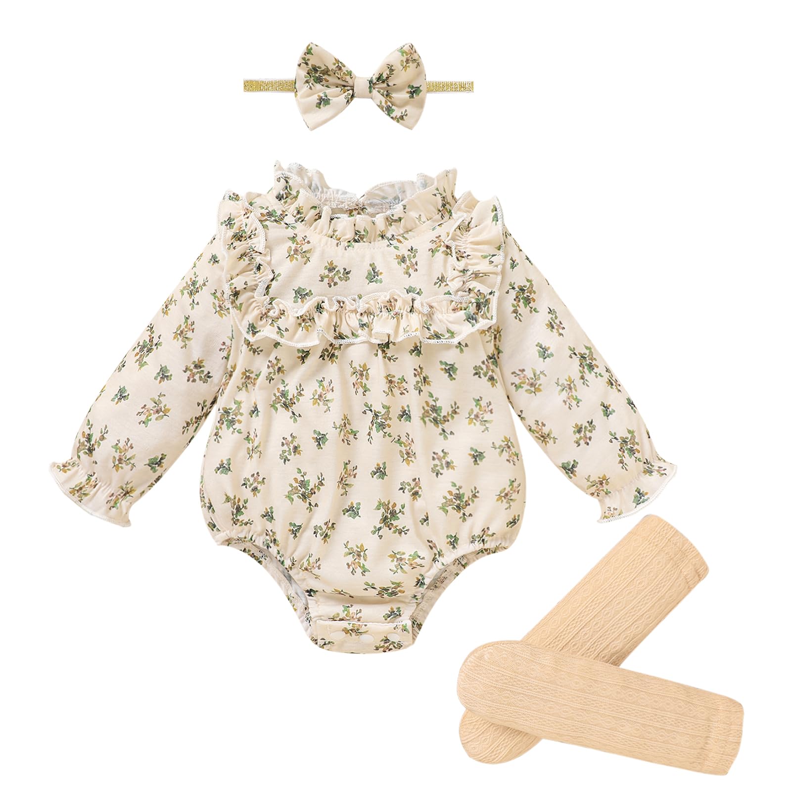 Photo 1 of Newborn Baby Girl Clothes Ruffle Rompers Toddler Fall Outfits for Girls Set Little Girl Fall Winter Clothing(Green flower,6-12M)