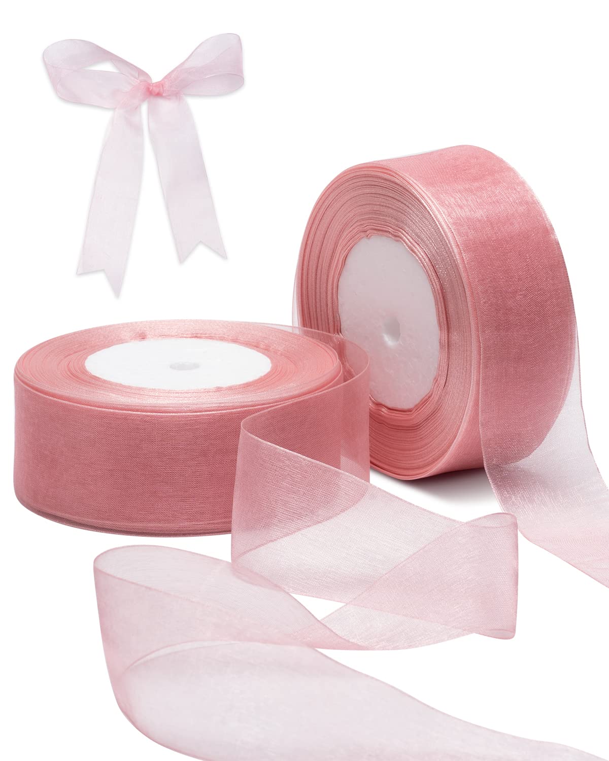 Pink Organza Ribbon for Gift Wrapping, FAKILO 38mm x 90 Meter Shimmer Sheer Wrapping Wired Ribbon for Bouquet, Wedding