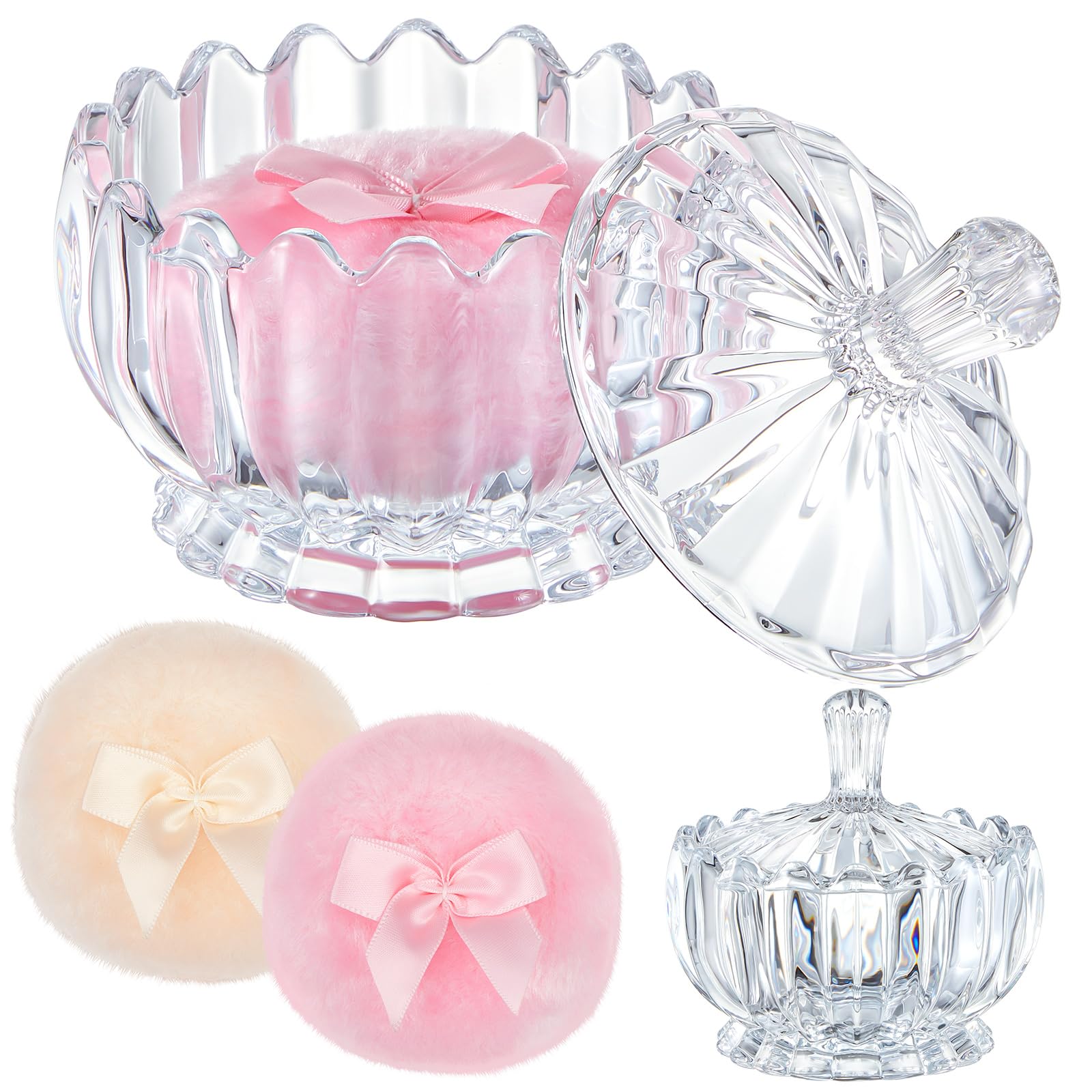 Photo 1 of Tioncy 3 Pcs Large Body Powder Puff and Container Powder Container with Puff Powder Puff Crystal Container Soft Washable Reusable Velour Face Body Glitter Powder Puff Wet Dry Makeup(Clear,Cute)