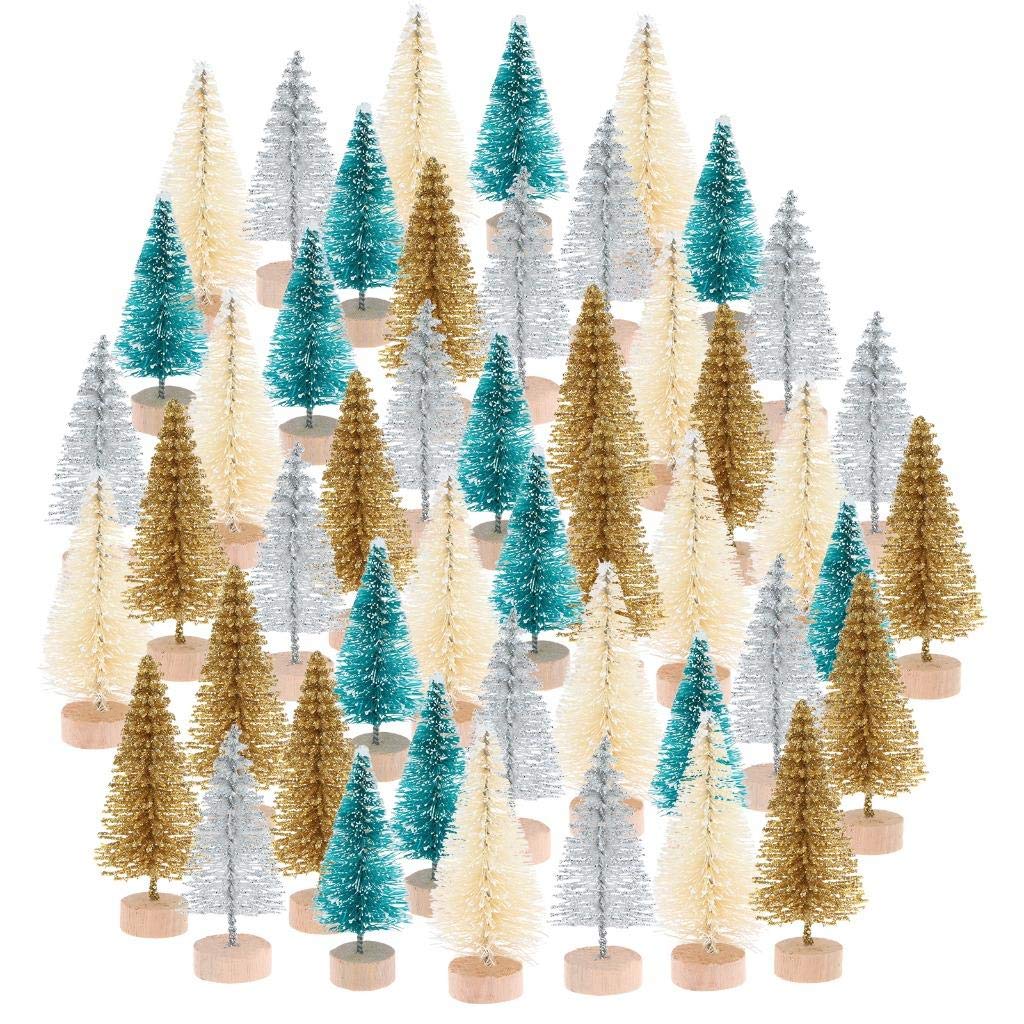 Peerless 48Pcs Mini Christmas Pine Trees with Wood Base Artificial Sisal Trees Bottle Brush Trees for Winter Snow Miniature Scenes DIY Christmas Crafts Xmas Home Desk Tabletop Decor