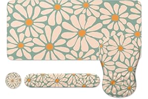 iLeadon Cute Large Mouse Pads Set for Desk,Massage Wrist Rest Set for Computer Keyboard,Big Mouse Pad XXL+Cup Coaster with Non-Slip Base for Home Office,Green Daisy