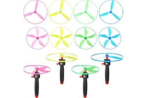 kymqlyw 12 Pcs Flying Saucer Flying Disc Toy Helicopter Toy Disco Flyers Include 4 String Launchers and 8 Flying Saucer Flying Disc Launcher Flying Toys Little Teens Outdoor Activity Birthday Favors