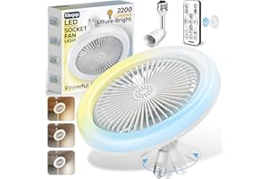 Adjustable Socket Fan Light with Remote and Extender, 2200LM Enclosed LED Light Bulb Fan, Small Screw in Ceiling Fan, Mini So