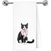 Exqcom Cute Pink Bow Tuxedo Cat Kitchen Towels, Tuxedo Cat Gifts Dish Tea Towels for Kitchen, Black and White Kitten Kitty Decorative Hand Towels for Bathroom Restroom Washroom Spa Vanity, 16x24 Inch