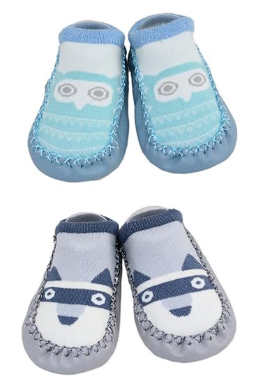 LCX 2 Paar Baby Jungen Mädchen Hausschuhe Anti-Rutsch-Schuhe Socken 9-18 Monate (Eule und Waschbär)