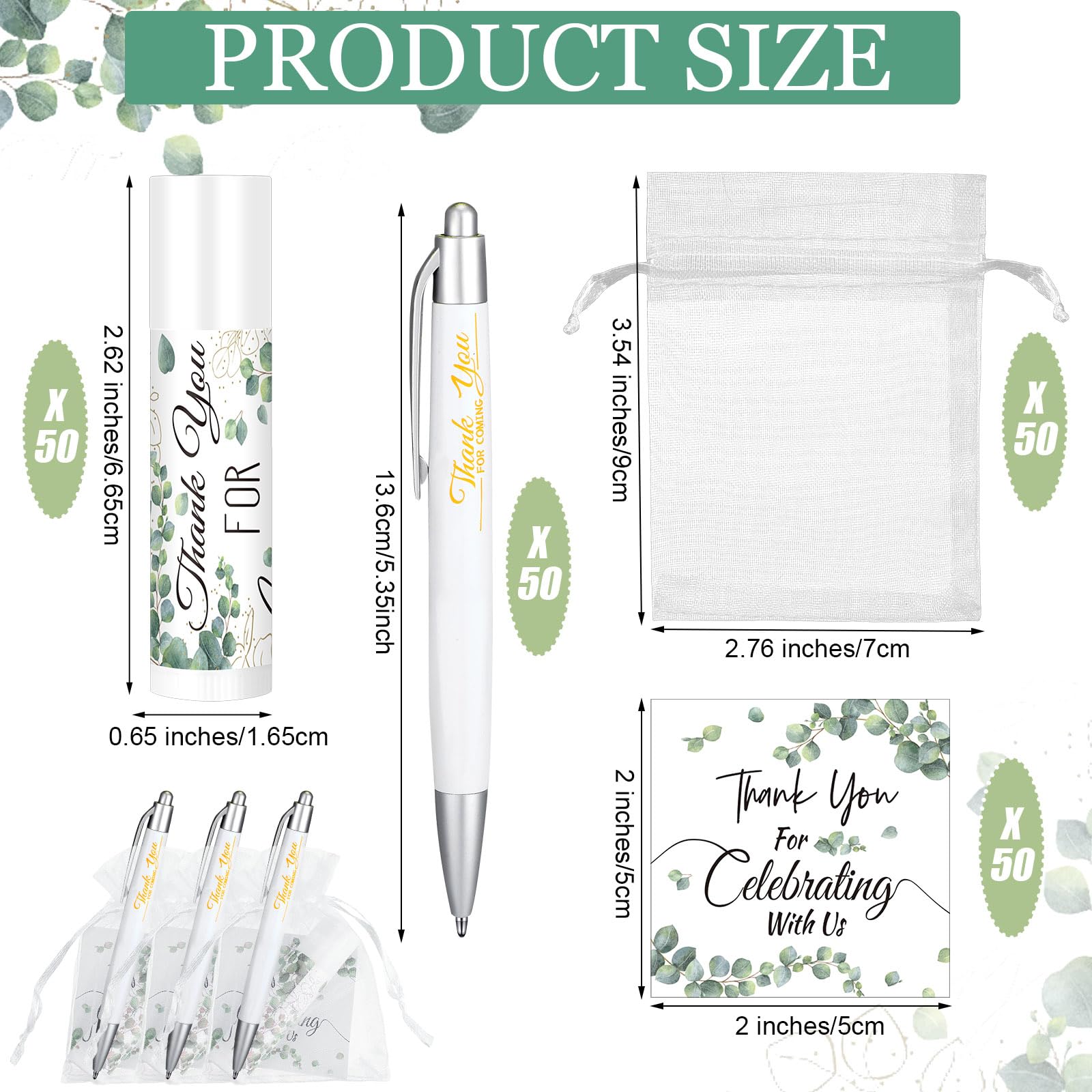 50 Set Bulk Thank You Combo Gifts Include Lip Balms Appreciation Ballpoint Pen Thank You Card Organza Drawstring Gift Bag Pouch for Wedding Parties Baby Shower Favors, Eucalyptus Leaves Style