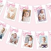 JarThenaAMCS Pink Bow Photo Banner First Birthday Cute Bowknot Hanging Banner Newborn to 12 Months Picture Display Garland for Birthday Baby Shower Milestone Backdrop