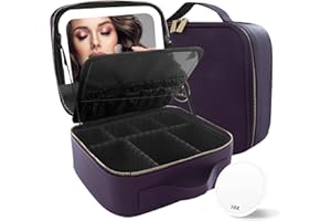 MOMIRA Travel Makeup Bag Cosmetic Bag with Lighted Mirror, Adjustable Brightness in 3 Color Scenarios, Waterproof, 10x Magnifying Mirror, Rotatable Independent Light Mirror- Deep purple (Solid)