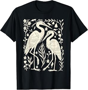 Blue Heron Linocut Nature Lino Print Bird Folk Art Forest T- T-Shirt