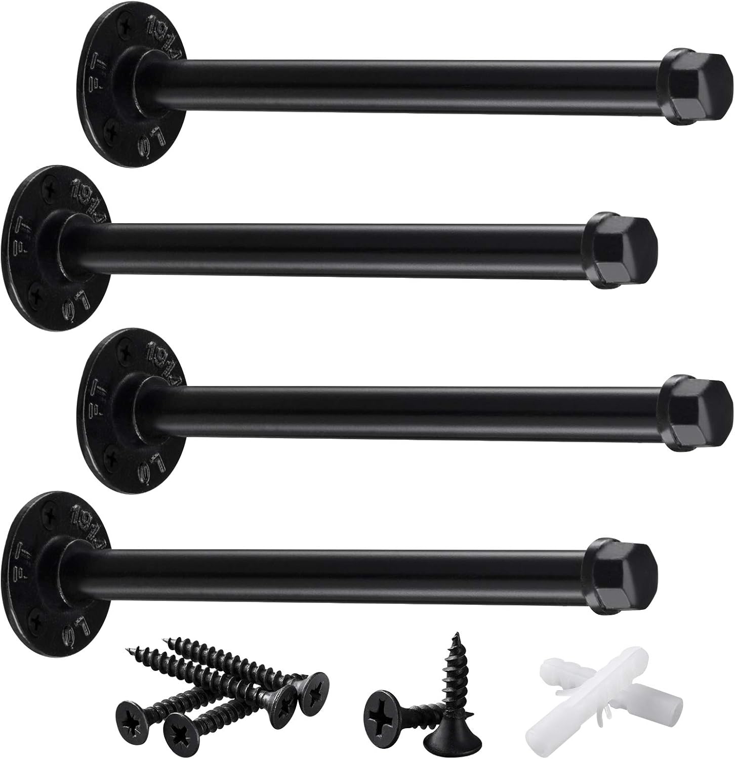 Pynsseu Industrial Black Iron Pipe Shelf Brackets 10 Inch, Heavy Duty Rustic Shelving Brackets, Wall Mounted DIY Pipe Decor Bracket 4pack