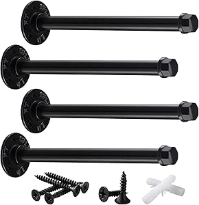Pynsseu Industrial Black Iron Pipe Shelf Brackets 10 Inch, Heavy Duty Rustic Shelving Brackets, Wall Mounted DIY Pipe Decor Bracket 4pack