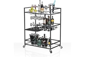 SULIVES Black Bar Carts with 4 Tier Shelves, Rolling Serving Bar Cart with Wine Rack and Tempered Glass Holder, Home Bar Carts & Wine Carts on Lockable Wheels for Kitchen, Party,Dining Room