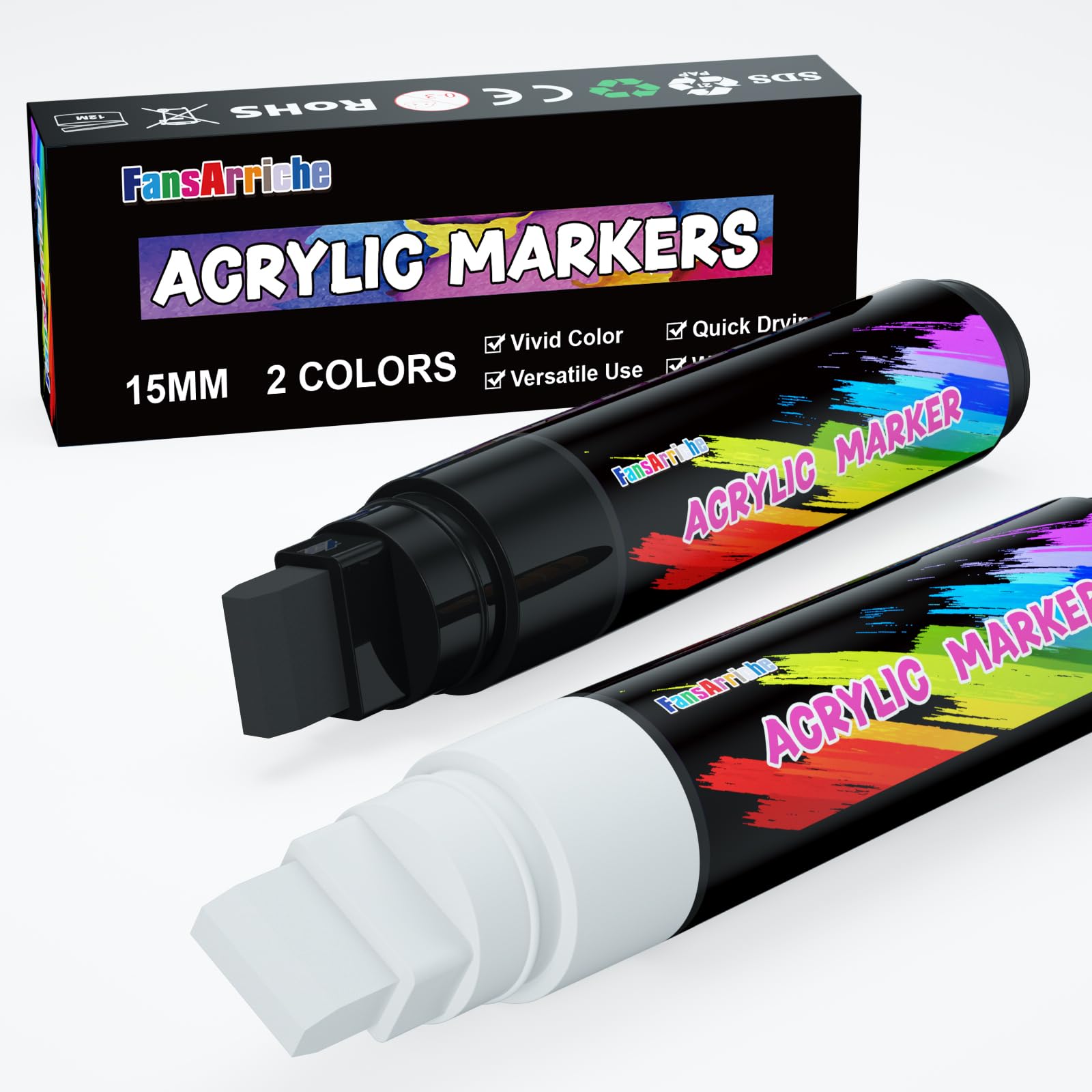 FansArriche Acrylic Marker Graffiti Pens, 15 mm Jumbo Felt Tip, Waterproof and Permanent Black and White Colouring Pens for Marking, Signs, Calligraphy and Outdoor Paintings