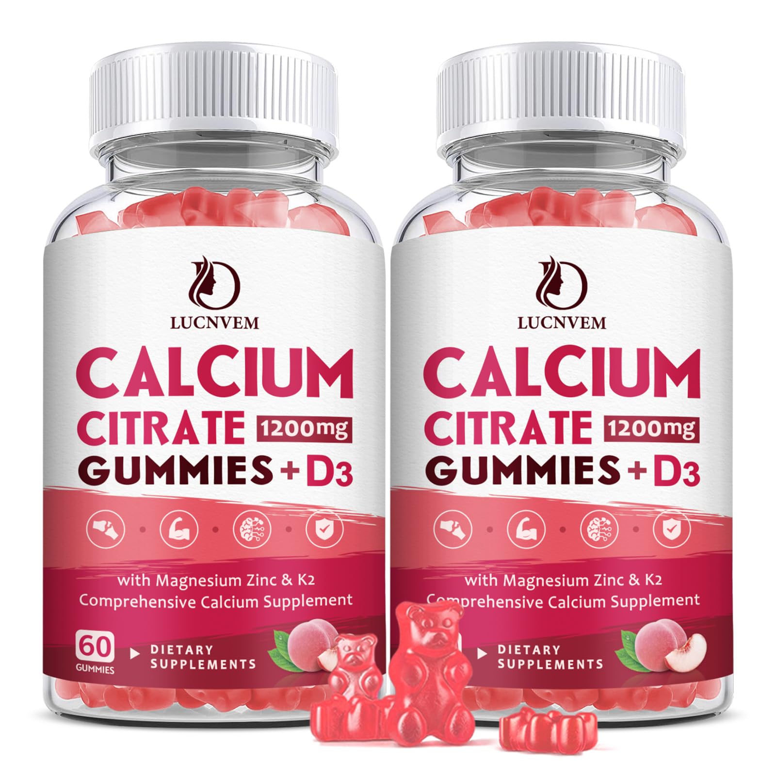 Photo 1 of (2 Pack) Calcium Citrate 1200mg with Vitamin D3 Supplements Gummies for Women & Men, Calcium Gummies with Vitamin D3 K2, High Absorption for Bone Muscle Healthy- Peach Flavor- 60 Day Supply