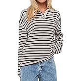 BAIGRAM Women Y2K Striped Rugby Polo Shirt Oversized Long Sleeve V Collar Sweatshirt Preppy Pullover 90s Clean Fit Fall Tops