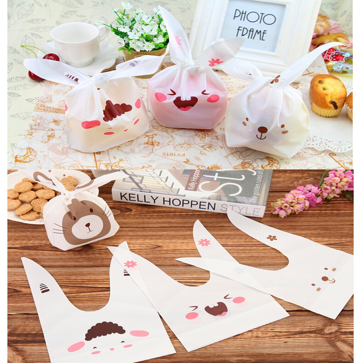 Ndier Sacs de Bonbons 90pcs Sac Cadeaux Biscuit Candy Bags avec d\'oreilles de lapin, sac de casse-croûte pour la fête, anniversaire, la nouvelle année