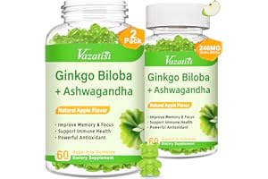 Vazatisi Ginkgo Biloba Gummies with Panax Ginseng for Better Mood and Focus, Booster Brain Health, 120 Vegan Apple Flavor Gummies