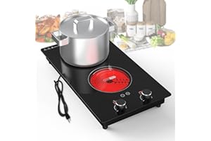 VBGK Electric Cooktop,110-220v Plug in Electric burner,12 Inch Countertop & Built-in Electric Stove Top with Child Safety Lock, Timer, LED touch Knob Control,3000W 2 Burner Electric Cooktop