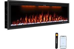 Benrocks 60'' WiFi- Enabled Electric Fireplace Inserts - Alexa & App Control, Slim Recessed & Wall Mounted, 13 * 13 * 3 Flame Color Combinations, 750W/1500W, Black
